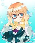  adjusting_eyewear bangs blonde_hair blush eyebrows_visible_through_hair frills fumitsuki_kyou glasses hair_ornament haruno_sora jewelry long_hair long_sleeves looking_at_viewer necklace red-framed_eyewear smile solo swept_bangs upper_body vocaloid voiceroid 