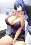  blue_hair blush breasts cleavage commentary covered_nipples doctor haganef huge_breasts jewelry labcoat long_hair maken-ki! necklace nijou_aki red_eyes skirt smile solo 