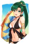  asymmetrical_bangs bangs bikini bikini_tan black_bikini border breasts cleavage cowboy_shot earrings fire_emblem fire_emblem:_rekka_no_ken fire_emblem_heroes gold_trim green_eyes green_hair groin highres innertube jewelry large_breasts long_hair looking_at_viewer lyndis_(fire_emblem) navel open_mouth ormille outside_border ponytail sketch smile solo swimsuit tan tanline wet white_border 