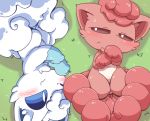  2017 alolan_vulpix ambiguous_gender blush duo feral grass nettsuu nintendo one_eye_closed pok&eacute;mon pok&eacute;mon_(species) regional_variant sweat video_games vulpix wink 