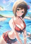  animal_ears bangs bare_shoulders beach bikini blue_sky blush breasts brown_hair cat_ears cleavage collarbone commentary day flower green_eyes hair_flower hair_ornament hips idolmaster idolmaster_cinderella_girls large_breasts looking_at_viewer maekawa_miku miniskirt ocean parted_lips plaid plaid_bikini red_bikini short_hair skirt sky solo sunlight swept_bangs swimsuit takeashiro 