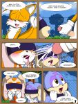  2013 anthro canine comic cum cum_in_mouth cum_inside day english_text eyelashes female fence fox hi_res lagomorph launny male mammal open_mouth outside rabbit smile text unistar young 