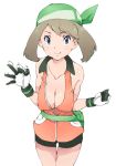  bandana bare_shoulders bike_shorts blue_eyes blush breasts cleavage collarbone cowboy_shot flipped_hair gloves hand_gesture haruka_(pokemon) large_breasts licking_lips light_brown_hair naughty_face pokemon pokemon_(game) pokemon_emerald pokemon_rse pouch sexually_suggestive short_hair simple_background sleeveless solo tongue tongue_out white_background wigglytuff_(pokeacc) 