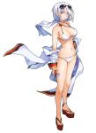  absurdres anklet azur_lane bikini blue_eyes breasts cleavage coat commentary_request earrings eyewear_on_head full_body highres jewelry large_breasts mephist-pheles sandals scarf short_hair silver_hair simple_background standing sunglasses swimsuit tirpitz_(azur_lane) white_background white_bikini 