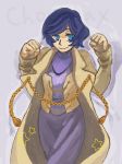  aiguillette artist_name bangs blue_eyes blue_hair chocojax clenched_hands dress feet_out_of_frame original parted_bangs purple_dress short_hair simple_background smile solo star trench_coat turtleneck_dress yellow_coat 