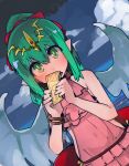  bare_shoulders blush bracelet chiki cloud commentary covering_mouth dragon_wings fire_emblem fire_emblem:_monshou_no_nazo fire_emblem_heroes green_eyes green_hair hair_ribbon highres holding_money jewelry long_hair mamkute minmin_(neko4339) money pink_swimsuit pointy_ears ponytail red_ribbon ribbon sky solo swimsuit wings 