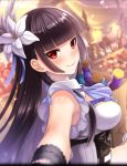  apple artist_request bag black_hair blush bottle dempagumi dress flower food fruit grocery_bag hair_flower hair_ornament highres looking_at_viewer market official_art orchid phantom_of_the_kill potion red_eyes risa_(dempagumi) shopping_bag smile stall white_dress 