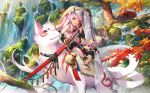  apple autumn_leaves bell branch elsword elsword_(character) food fox fruit house katana leaf leaf_on_head pet red_eyes scorpion5050 sheath sheathed stream sword tree umbrella veil water waterfall weapon white_hair 