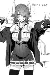  belt breast_pocket breasts closed_eyes eyepatch gloves greyscale grin hair_between_eyes hair_over_one_eye headgear highres holding holding_sword holding_weapon jacket kantai_collection kyo-ani_love large_breasts monochrome necktie off_shoulder open_clothes open_shirt pocket remodel_(kantai_collection) short_hair simple_background sketch skirt smile solo standing sword tenryuu_(kantai_collection) thighhighs translated v v-shaped_eyebrows weapon white_background 