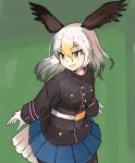  absurdres bald_eagle_(kemono_friends) belt black_legwear blonde_hair blue_skirt buttons collaboration commentary_request cowboy_shot eyebrows_visible_through_hair gloves gradient_hair green_background hair_between_eyes head_wings highres jacket kemono_friends long_hair long_sleeves looking_to_the_side miniskirt multicolored_hair omnisucker pantyhose partial_commentary pleated_skirt rumenia_(ao2is) skirt smile solo tail_feathers white_gloves white_hair yellow_eyes 