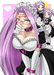  alternate_costume apron bespectacled breasts chibi chibi_inset choker cleavage collar commentary elbow_gloves english_commentary enmaided euryale fate/hollow_ataraxia fate/stay_night fate_(series) glasses gloves large_breasts lavender_eyes lavender_hair long_hair looking_at_viewer maid maid_headdress multiple_girls pink_collar rider siblings sisters solo_focus stheno symbol-shaped_pupils twins v_arms very_long_hair vixagri waist_apron white_gloves 
