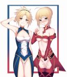  absurdres adapted_costume ahoge arm_up armpits artoria_pendragon_(all) bad_id bad_pixiv_id bandeau bangs bare_arms bare_shoulders blonde_hair blue_dress blue_scrunchie blush braid breasts cameltoe cleavage collarbone commentary_request cosplay costume_switch covering covering_crotch detached_collar detached_sleeves dress embarrassed eyebrows_visible_through_hair fate/grand_order fate_(series) faulds frame french_braid green_eyes grin groin hair_between_eyes hair_bun hair_ornament hair_scrunchie hand_up head_tilt highres legs_together long_sleeves looking_at_viewer man_hi_dun mordred_(fate) mordred_(fate)_(all) mordred_(fate)_(cosplay) mother_and_daughter multiple_girls navel no_panties nose_blush panties parted_bangs parted_lips ponytail red_bandeau red_legwear saber saber_(cosplay) scrunchie short_hair short_ponytail sidelocks simple_background sleeveless sleeveless_dress small_breasts smile standing stomach thigh_gap thighhighs tsurime underboob underwear v-shaped_eyebrows white_background white_panties 