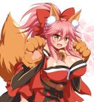  afuro animal_ear_fluff animal_ears bare_shoulders bell bell_collar blush breasts collar fangs fate/grand_order fate_(series) floral_background fox_ears fox_tail gloves hair_ribbon japanese_clothes jingle_bell large_breasts long_hair looking_at_viewer paw_gloves paws pink_hair ponytail red_ribbon ribbon solo tail tamamo_(fate)_(all) tamamo_cat_(fate) 