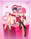  2girls :p barefoot between_toes blue_hair blush breasts cameltoe cleavage feet lavender_hair licking_lips long_hair looking_at_viewer multiple_girls no_shoes panties panties_around_leg panties_removed pantyhose pantyshot pink_eyes santa_costume shinjou_akane sitting skirt skirt_lift soles ssss.gridman takarada_rikka toes tongue tongue_out underwear 