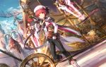  book cityscape day elsword elsword_(character) energy_gun grail hat holding map painting_(object) red_eyes red_hair scorpion5050 shoulder_armor sky standing sword weapon wheel wings 