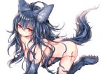  ahoge all_fours animal_ear_fluff animal_ears ass bangs bent_over blue_hair breasts claws closed_mouth commentary eyebrows_visible_through_hair fenrir_(shingeki_no_bahamut) fur granblue_fantasy hair_between_eyes hair_over_breasts highres long_hair looking_at_viewer nude paws red_eyes shingeki_no_bahamut sidelocks simple_background sketch slit_pupils small_breasts solo sukemyon tail tattoo very_long_hair white_background wolf_ears wolf_tail 
