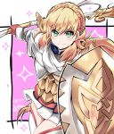  armor blonde_hair braid commentary_request crown_braid fire_emblem fire_emblem_heroes gloves green_eyes highres holding_polearm holding_shield hoshino_(pixiv12796893) long_hair long_sleeves polearm sharena shield signature skirt solo thighhighs weapon white_skirt zettai_ryouiki 