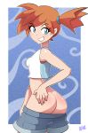  1girl artist_name ass bare_shoulders bigdead93 blue_background blue_eyes blue_shorts blush border breasts cowboy_shot crop_top dated eyebrows_visible_through_hair female from_behind hair_tie hand_on_hip happy highres kasumi_(pokemon) looking_back looking_to_the_side orange_hair outside_border partially_visible_vulva pokemon pokemon_(game) pokemon_lgpe pussy pussy_peek shiny shiny_skin shirt short_hair short_shorts shorts shorts_pull side_ponytail simple_background sleeveless sleeveless_shirt small_breasts smile solo standing teeth tied_hair two-tone_background uncensored watermark white_border white_shirt 