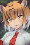  animal_ears animal_print black_hair breast_pocket collared_shirt commentary eyebrows_visible_through_hair fang kemono_friends multicolored_hair necktie nyifu orange_hair plaid_neckwear plaid_trim pocket shirt short_hair short_sleeves solo tiger_(kemono_friends) tiger_ears tiger_print white_hair yellow_eyes 