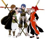  asaya_minoru bangs black_footwear black_gloves black_pants blue_hair brown_cape brown_hair cape chinese_clothes closed_mouth cu_chulainn_(fate/prototype) eyebrows_visible_through_hair fate/extra fate/grand_order fate/prototype fate_(series) gae_bolg gauntlets gloves green_shirt hair_between_eyes hand_on_hip hands_up hector_(fate/grand_order) holding holding_lance lance li_shuwen_(fate) long_hair long_sleeves low_ponytail male_focus multiple_boys over_shoulder pants parted_lips polearm ponytail red_eyes red_hair shirt short_sleeves simple_background single_gauntlet single_glove smile standing v-shaped_eyebrows weapon weapon_over_shoulder white_background white_pants 