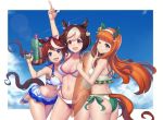  animal_ears arm_up armpits ass bikini bikini_skirt blue_eyes bow breasts brown_hair cleavage commentary day english_commentary finger_to_face green_bikini green_swimsuit hair_bow hairband horse_ears horse_tail leaning_forward leg_up long_hair looking_back multiple_girls navel one_eye_closed open_mouth outdoors ponytail purple_eyes ribbon sandals short_hair silence_suzuka smile special_week standing standing_on_one_leg swimsuit tail tokai_teio umamusume vococo water_gun white_bikini white_swimsuit 