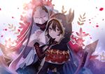  bangs black_cape black_hair blue_flower blue_rose blush cape character_request commentary_request death_(granblue_fantasy) erune eyebrows_visible_through_hair flower granblue_fantasy hair_between_eyes hand_on_another's_cheek hand_on_another's_face hood hood_up hooded_cape looking_at_viewer looking_to_the_side myusha parted_lips red_eyes red_flower rose 