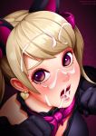  after_fellatio animal_ears bangs black_cat_d.va black_gloves blonde_hair bow bowtie cat_ears cum cum_in_mouth cum_on_hair d.va_(overwatch) earrings facial gloves heart heart_earrings jewelry lips neocoill overwatch paw_pose purple_eyes purple_neckwear solo swept_bangs twintails 