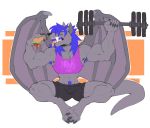  anthro armpit_hair burger canine clothed clothing exercise food male mammal muscular muscular_male open_mouth pubes sitting solo spazzyhusky tongue tongue_out weightlifting workout 