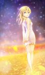  2018 absurdres arms_behind_back bangs bare_arms bare_shoulders barefoot blonde_hair blue_eyes closed_mouth dated dress from_behind gogo_(detteiu_de) hair_between_eyes highres kingdom_hearts kneepits long_hair looking_at_viewer looking_back namine smile solo standing white_dress 