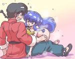  1boy 1girl black_hair blue_hair chinese_clothes convenient_censoring embarrassed hetero kettle long_hair looking_at_another looking_back nude ranma_1/2 red_shirt saotome_ranma shampoo_(ranma_1/2) shirt short_sleeves wanta_(futoshi) 