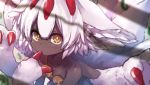  absurdres bangs bare_shoulders brown_eyes claws closed_mouth collarbone commentary_request copyright_request dark_skin faputa fewer_digits finger_to_mouth fur hair_between_eyes highres looking_at_viewer made_in_abyss multiple_arms multiple_tails solo tail wada_kazu white_fur white_hair 