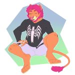  anthro beard clothed clothing eyes_closed facial_hair feline hair lion male mammal pink_hair simple_background smile solo spazzyhusky spread_legs spreading 