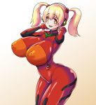  1girl blonde_hair breasts brown_eyes cosplay headphones huge_breasts neon_genesis_evangelion nitroplus plugsuit soryu_asuka_langley super_pochaco twintails 