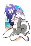  2018 4_toes 5_fingers anthro beach bikini blue_fur blue_nose blue_pawpads breasts canine claws clothed clothing digitigrade eyelashes female finger_pads fur grey_fur hair highlights inner_ear_fluff kneeling long_hair looking_at_viewer mammal multicolored_fur nipple_bulge open_mouth open_smile orange_eyes outside pawpads rokemi seaside small_breasts smile solo swimsuit toe_claws toes tongue tongue_out two_tone_fur waving white_fur 