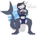  anthro blush clothed clothing crouching english_text female fingerless_gloves fish gloves hair makeup marine muscular muscular_female shark solo spazzyhusky sweat teeth text thick_thighs 