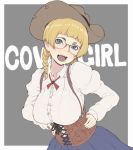  background_text bangs black-framed_eyewear blonde_hair blue_skirt blunt_bangs bra_through_clothes braid breasts brown_hat collared_shirt corset cowboy_hat english freckles glasses green_eyes grey_background hair_over_shoulder hair_tie hands_on_hips hat head_tilt ina_(gokihoihoi) large_breasts leaning_forward long_hair looking_at_viewer neck_ribbon open_mouth original outside_border over-rim_eyewear red_neckwear ribbon semi-rimless_eyewear shirt skirt smile solo standing suspenders twin_braids twintails upper_body white_shirt 