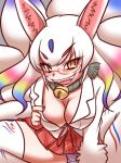  2016 4_fingers amber_eyes animal_humanoid bell big_breasts biped blue_tail breasts camel_toe canine cleavage clothed clothing crouching digital_drawing_(artwork) digital_media_(artwork) dipstick_tail dress_shirt eyelashes eyewear female fox_humanoid front_view glasses hair humanoid humanoid_hands japanese japanese_mythology kemono_friends light_skin looking_at_viewer mammal multi_tail multicolored_hair multicolored_tail mythology naughty_face nine-tailed_fox_(kemono_friends) open_mouth open_smile panties plaid pleated_skirt purple_tail rainbow_hair red_clothing sharp_teeth shirt skirt slit_pupils smile solo spread_legs spreading tan_skin teeth two_tone_tail underwear upskirt white_clothing white_tail とうげさすけ 