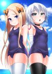  abigail_williams_(fate/grand_order) bandaged_arm bandages bangs bare_shoulders black_bow black_choker black_legwear blonde_hair blue_eyes blue_sky blue_swimsuit blurry blurry_background blush bow breasts choker closed_mouth cloud collarbone commentary_request day depth_of_field eyebrows_visible_through_hair facial_scar fate/grand_order fate_(series) forehead green_eyes hair_between_eyes hair_bow highres horizon jack_the_ripper_(fate/apocrypha) kirisame_mia long_hair multiple_girls ocean old_school_swimsuit one-piece_swimsuit orange_bow outdoors parted_bangs parted_lips polka_dot polka_dot_bow scar scar_across_eye scar_on_cheek school_swimsuit shoulder_tattoo silver_hair sky small_breasts smile swimsuit tattoo thighhighs very_long_hair water white_legwear 