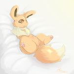  angry bed crying cute dengon eevee female lying nintendo nude pok&eacute;mon pok&eacute;mon_(species) pussy simple_background solo tears video_games white_background 