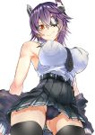  armpits belt breasts closed_mouth commentary covered_nipples cowboy_shot eyebrows_visible_through_hair eyepatch from_below headgear highres jacket kantai_collection large_breasts medium_hair necktie open_mouth orange_eyes panties pleated_skirt purple_hair purple_panties remodel_(kantai_collection) rikosyegou shirt simple_background skirt sleeveless sleeveless_shirt smile solo tenryuu_(kantai_collection) thighhighs thighs underwear white_background 