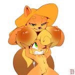  2018 areola bandicoot big_breasts blonde_hair boob_hat breast_rest breast_size_difference breasts clenched_teeth coco_bandicoot crash_bandicoot_(series) duo eyelashes female female/female fur green_eyes hair hand_on_breast holding_breast huge_breasts humor lifting long_hair mammal marsupial nude one_eye_closed orange_fur pussy simple_background size_difference small_breasts smile strain tawna_bandicoot teeth video_games watermark white_background xylas 