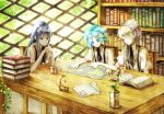  androgynous aqua_eyes aqua_hair blue_eyes blue_hair book book_stack bookshelf chair closed_eyes colored_eyelashes crystal_hair flower gem_uniform_(houseki_no_kuni) ghost_quartz_(houseki_no_kuni) hair_over_one_eye hime_cut houseki_no_kuni indoors inkwell lapis_lazuli_(houseki_no_kuni) long_hair map meguritekuruhi multiple_others necktie open_mouth paper phosphophyllite plant short_hair silver_hair smile sparkle suspenders table white_hair window 