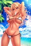  amaryllis armpits arms_behind_head beach bikini blonde_hair blue_sky breasts cleavage cloud cloudy_sky collarbone commentary_request cowboy_shot day earrings eyebrows_visible_through_hair food gyaru hair_ornament hairclip highres jewelry large_breasts long_hair micro_bikini navel ocean ouga_saki outdoors palm_tree popsicle red_eyes sky solo star star_earrings stomach string_bikini sweat swimsuit tdnd-96 tree virtual_youtuber white_bikini 