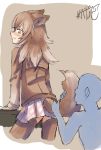  2018 ambiguous_gender animal_humanoid anon biped blush brown_background brown_clothing brown_eyes brown_hair brown_tail brown_theme canine caress clothing digital_drawing_(artwork) digital_media_(artwork) duo ears_back embarrassed female female/ambiguous female_focus flustered frown furgonomics grey_body hair hi_res human human_on_humanoid humanoid inner_ear_fluff japanese japanese_wolf_(kemono_friends) kemono_friends legwear light_skin mammal on_table pink_clothing plaid pleated_skirt rear_view school_uniform signature simple_background skirt solo_focus standing table tail_button_bottoms tail_clothing tail_grab tail_hug tan_skin thigh_highs uniform wolf_humanoid 夜凪にたか 