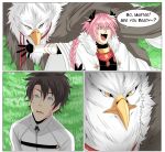  armor astolfo_(fate) bangs beak black_bow blair_(touya1) blue_eyes bow braid chaldea_uniform colorized comic commentary creature english english_commentary eyebrows_visible_through_hair fang fate/grand_order fate_(series) feathers fujimaru_ritsuka_(male) gauntlets grass griffin hair_between_eyes hair_bow hair_ribbon highres hippogriff jacket leash long_hair multicolored_hair multiple_boys open_mouth otoko_no_ko outdoors pink_hair purple_eyes ribbon short_hair single_braid speech_bubble sweatdrop white_jacket wings yellow_eyes 