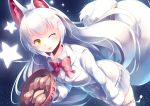  2017 absurd_res animal_humanoid baozi biped black_background blep bow_tie breasts canine clothed clothing digital_drawing_(artwork) digital_media_(artwork) dutch_angle female food fox_humanoid front_view gloves glowing hair half-length_portrait hi_res holding_object humanoid inari_ōkami japanese japanese_mythology kanzakietc kemono_friends light_skin light_theme long_hair looking_away mammal meat_bun mythology oinari-sama_(kemono_friends) one_eye_closed pleated_skirt portrait simple_background skirt smile solo standing star suit tail_ring tan_skin tongue tongue_out tray white_clothing white_hair white_tail wink yellow_eyes 