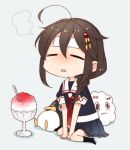  ahoge braid chibi closed_eyes commentary_request failure_penguin hair_ornament hair_over_shoulder kantai_collection miss_cloud naoto_(tulip) remodel_(kantai_collection) shaved_ice shigure_(kantai_collection) single_braid white_background 