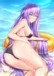  alternate_hairstyle ass bikini black_bikini blue_eyes blush day from_behind hand_on_own_thigh long_hair looking_at_viewer looking_back lying medium_hair muwa12 neptune_(series) on_side outdoors partially_submerged power_symbol purple_hair purple_heart smile solo swimsuit symbol-shaped_pupils thighs very_long_hair water wet 