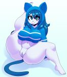  :&gt; absurd_res anthro big_breasts black_nose blue_clothing blue_eyes blue_hair bottomless breasts butt cat clothed clothing feline female flexible front_view fur hair hi_res hoodie long_hair long_tail mammal navel presenting presenting_pussy pussy raised_leg sitting slit_pupils solo somescrub spread_legs spreading thick_thighs white_fur 