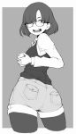  ass black_hair bob_cut breasts cellphone eyebrows glasses grey_background greyscale hair_over_one_eye ina_(gokihoihoi) looking_at_viewer monochrome open_mouth original pantyhose phone self_shot short_hair short_shorts shorts smartphone smile solo thighs 